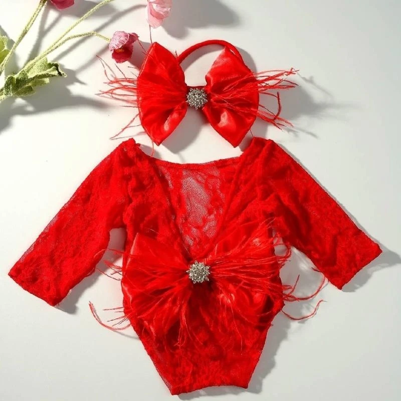 Elegant Lace & Baby Outfit Romper with Headband for Memorable Photoshoot 425F