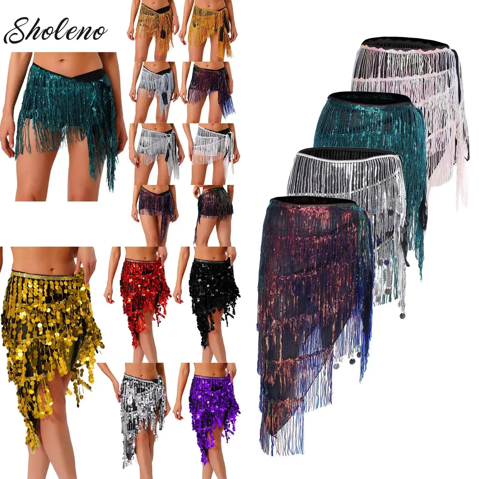 

Glittery Belly Dance Belt Shimmy Tassel Hip Wraps Jazziness Dance Hip Scarf Sequins Fringes Belt Sparkly Lace-up Hip Skirt