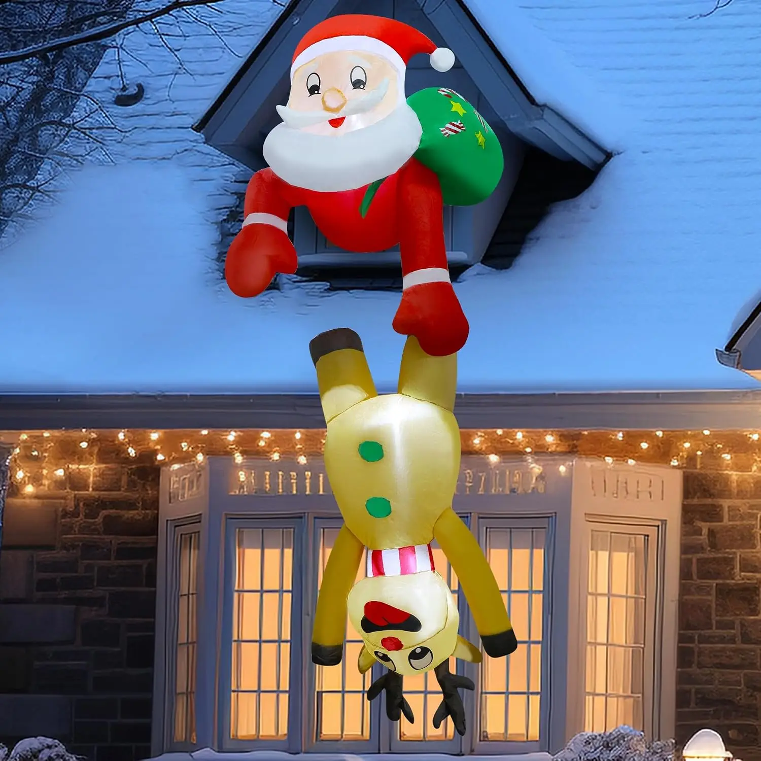 7 FT Christmas Inflatable Outdoor Decorations, Blow Up Santa Claus with Reindeer Hanging Xmas Inflatables Decor with LED Lights