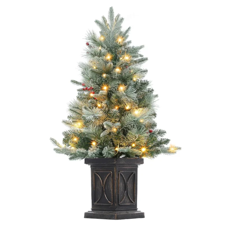 3FT Pre-Lit Artificial Christmas Tree Tabletop with 78 Warm White Lights, Flocked Potted Christmas Tree for Front Door, Porch