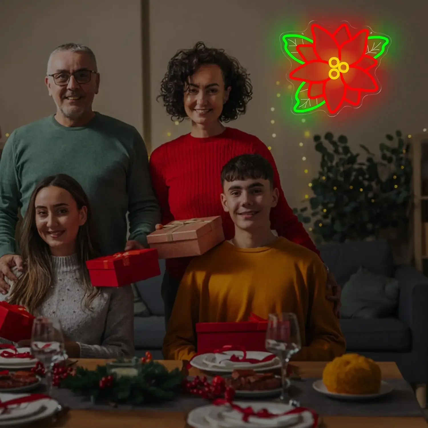 Poinsettia Neon Sign LED Wall Art Christmas Flower USB Powered Dimmable Light Party Bar Shop Holiday Season Decor Hanging