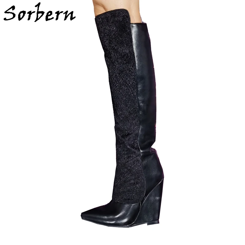 Sorbern 2023 New Wedges Knee High Boots Pointed Toe Shoes Black Cutsom Color Shoes Boots New Arrive