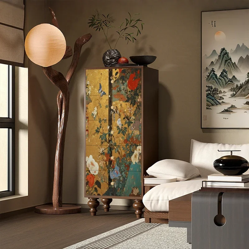 Chinese-style household chest of drawers integrated against the wall