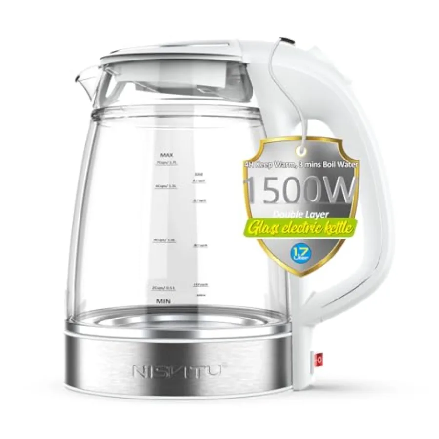 

1.7L Dual Wall Cool Touch Electric Kettle, BPA-Free Borosilicate Glass Inner, PC Outer, 1500W Fast Boil Cordless Hot Water Boil