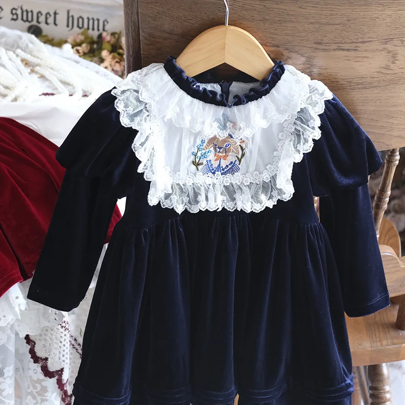 2024 Spanish Dress for Girls Kid Luxury Rabbit Embroidery Lace Velvet Dresses Child Boutique Design Frock Girl\'s Autumn Clothes