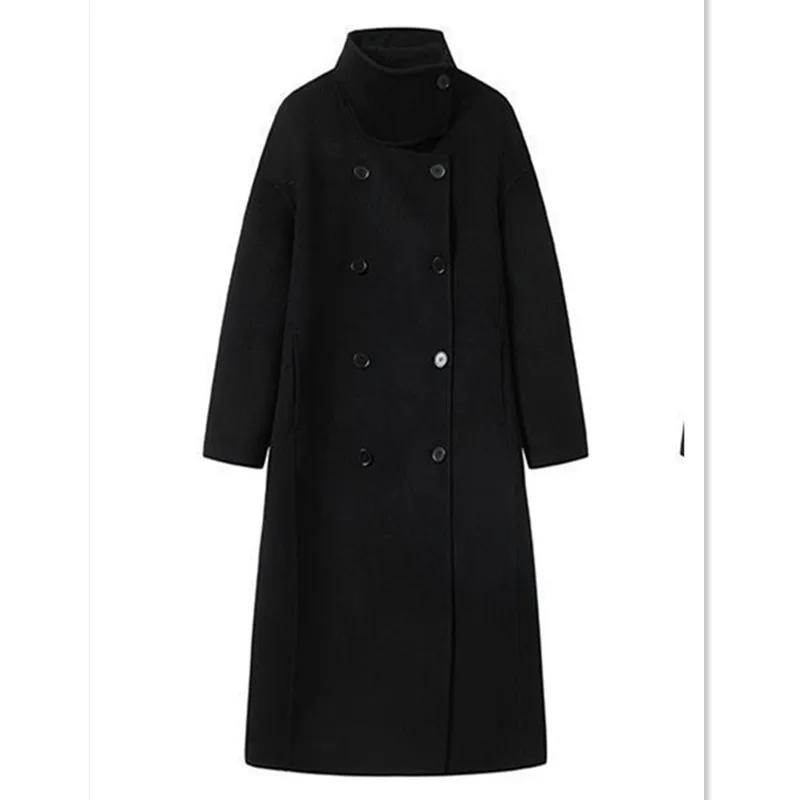 

Autumn Winter Coat Women's Woolen New Solid Color Lapel Double-breasted Mid-length Jacket Pocket Commuter Female Clothing ZM641