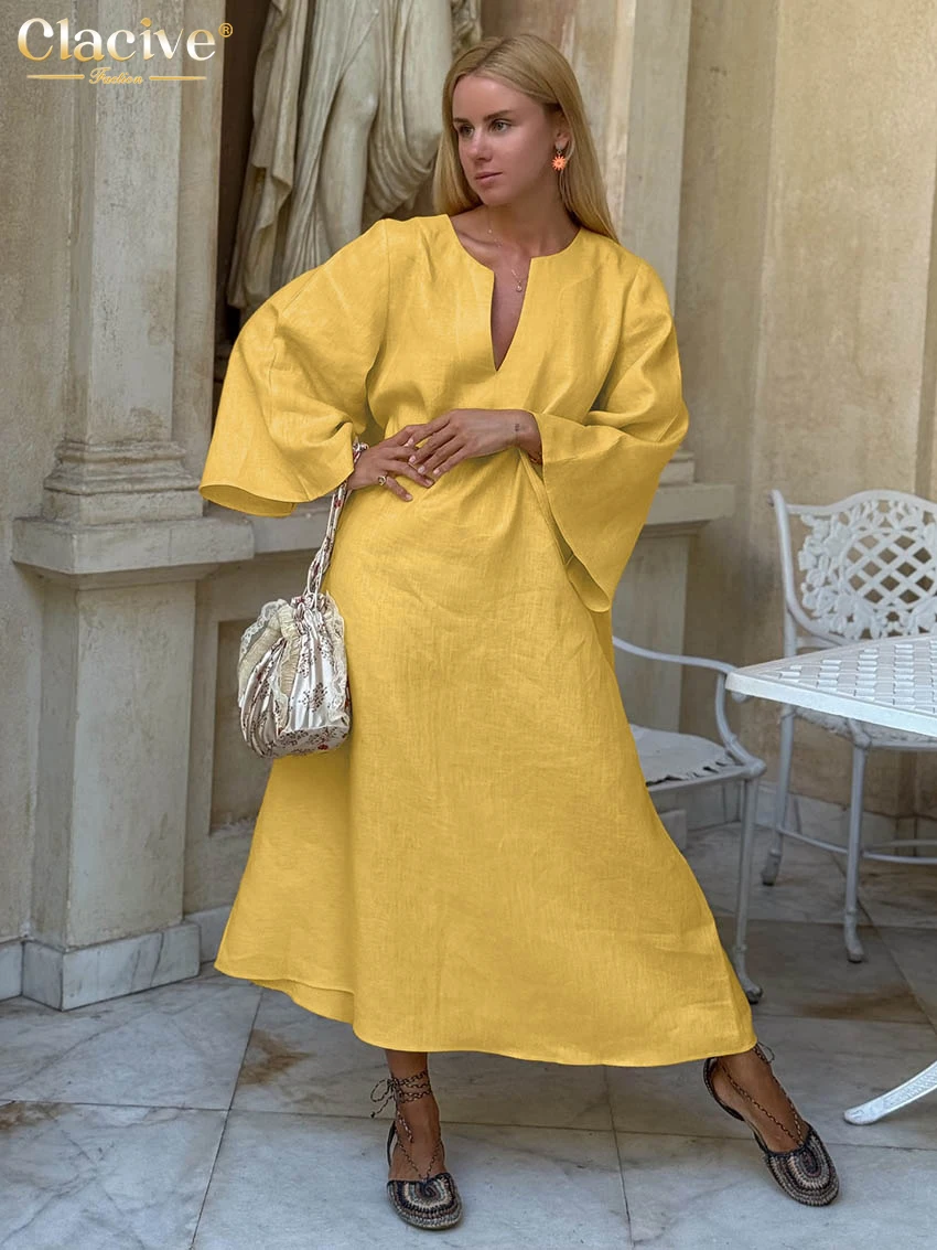 

Clacive Fashion Loose Yellow Cotton Women Dress 2025 Casual O-Neck Long Sleeve Ankle Length Dresses Elegant Classic Feamle Dress
