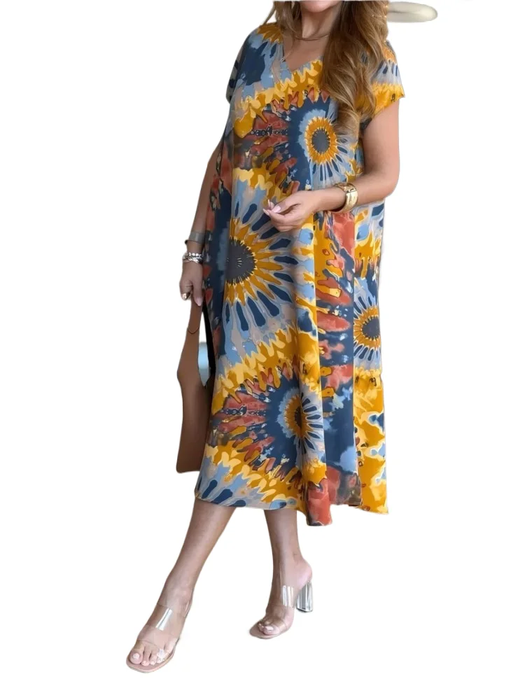 

Fashion Print Dress For Female Casual V Neck Short Sleeve Pullover Loose Dresses Women Boho Holiday Skirt Womens Clothing Summer