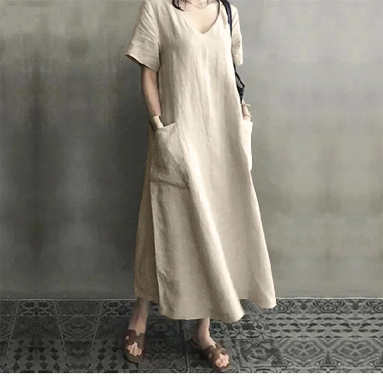 

New Arrival 2024 Summer Vintage Dress Literary Style Cotton and Linen V-Neck A-Line Commuting Casual Loose Fit Dress for Women