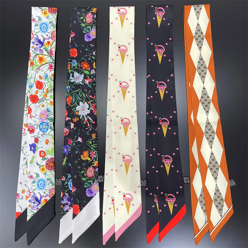 Long Silk Scarf Women Luxury Hairband Scarves Fashion Print Wrap Tie Bag Ribbon Accessories 2023 New Foulard Women's Headscarf