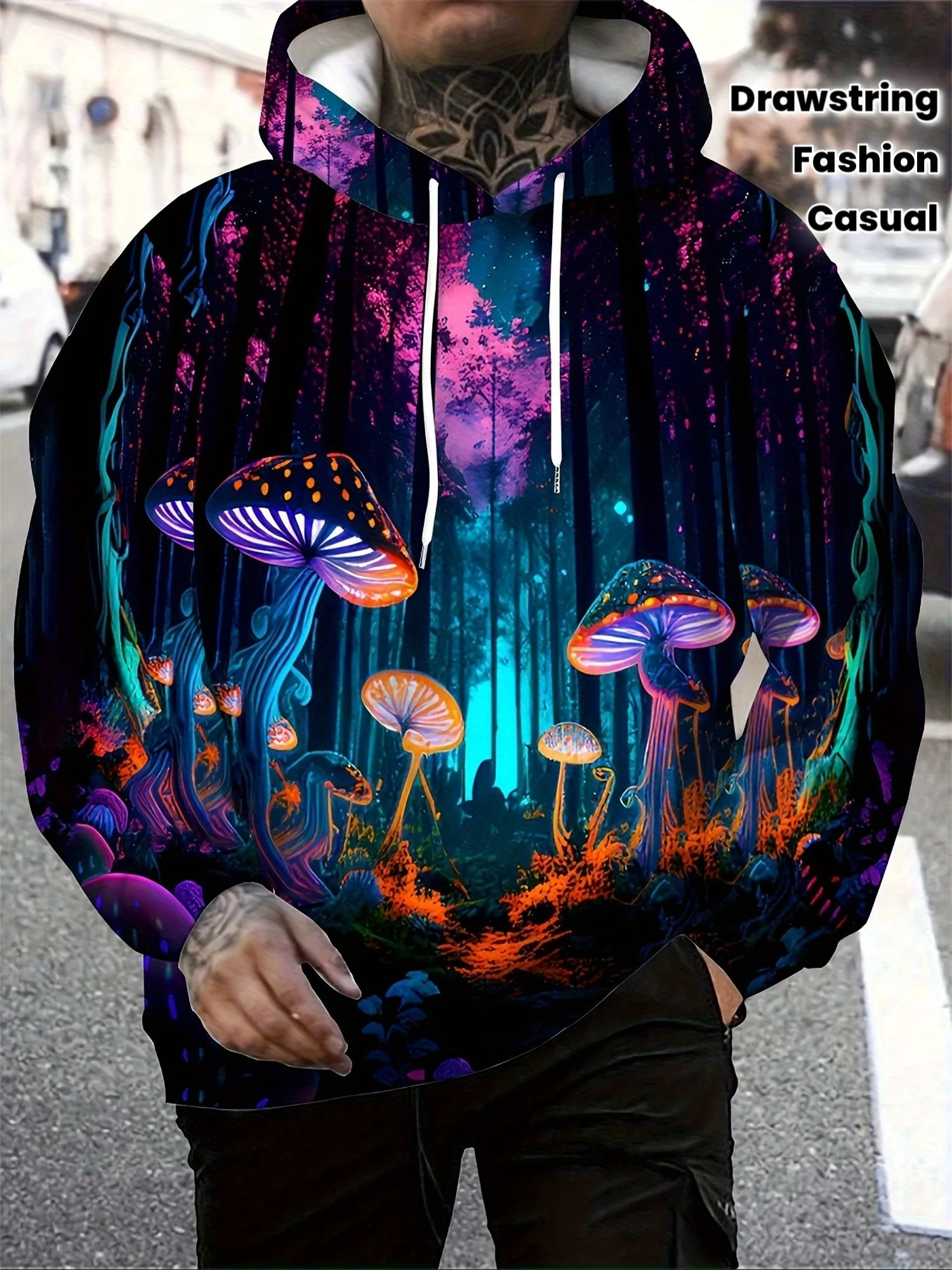 Men Psychedelic Magic Mushroom Forest 3D Print Hoodie Neon Fantasy Scenery Long Sleeve Pullover Hooded Sweatshirt With Pocket