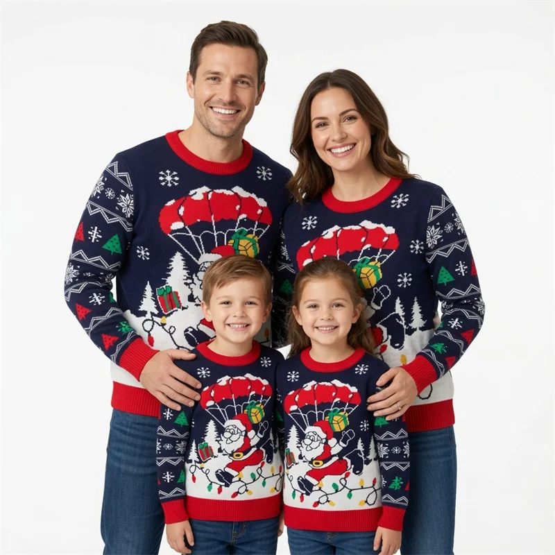2026 Christmas Parent-Child Matching Sweater Family Winter Cartoon Knitted Jumper Xmas Father Mother Kids Autumn Pullover