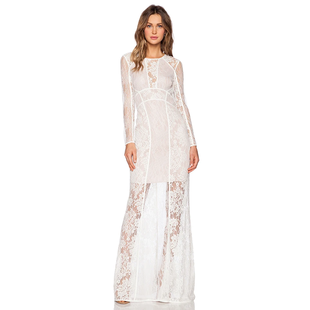 

Sexy Hollow See Through Lace Embroidery Dress O Collar Long Sleeves Yarn Long Dress Vestidos