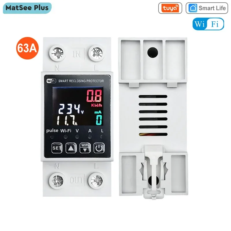 

Tuya Smart Life WiFi 63A Circuit Breaker with Reclosing Leakage Overload Protection App Monitor Power Home Automation 80-300VAC