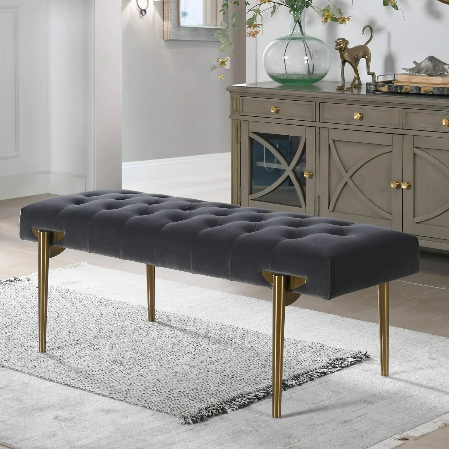 Home Andie Upholstered Gold Accent Bench, Steel Gray Performance Velvet