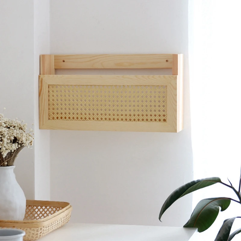 BMBY-Wooden Magazine Wall Rack With Rattan File Holder Hanging File Rattan Bookcase Wooden Mail Organizer For Living Office