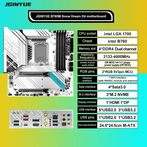JGINYUE B760M Motherboard LGA 1700 Support Intel i3/i5/i7/i9 12th 13th Processor Dual channel DDR4 Memory B760M-Snow Dream D4