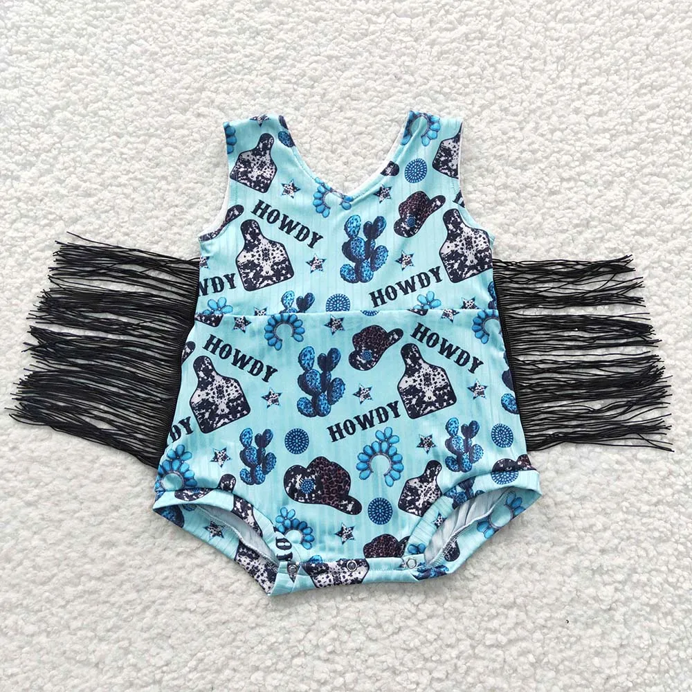 Wholesale Newborn Cow Print Romper Western Cactus Hats Tassel  Jumpsuit Toddler Kid Children Summer Baby Girl Howdy One-piece