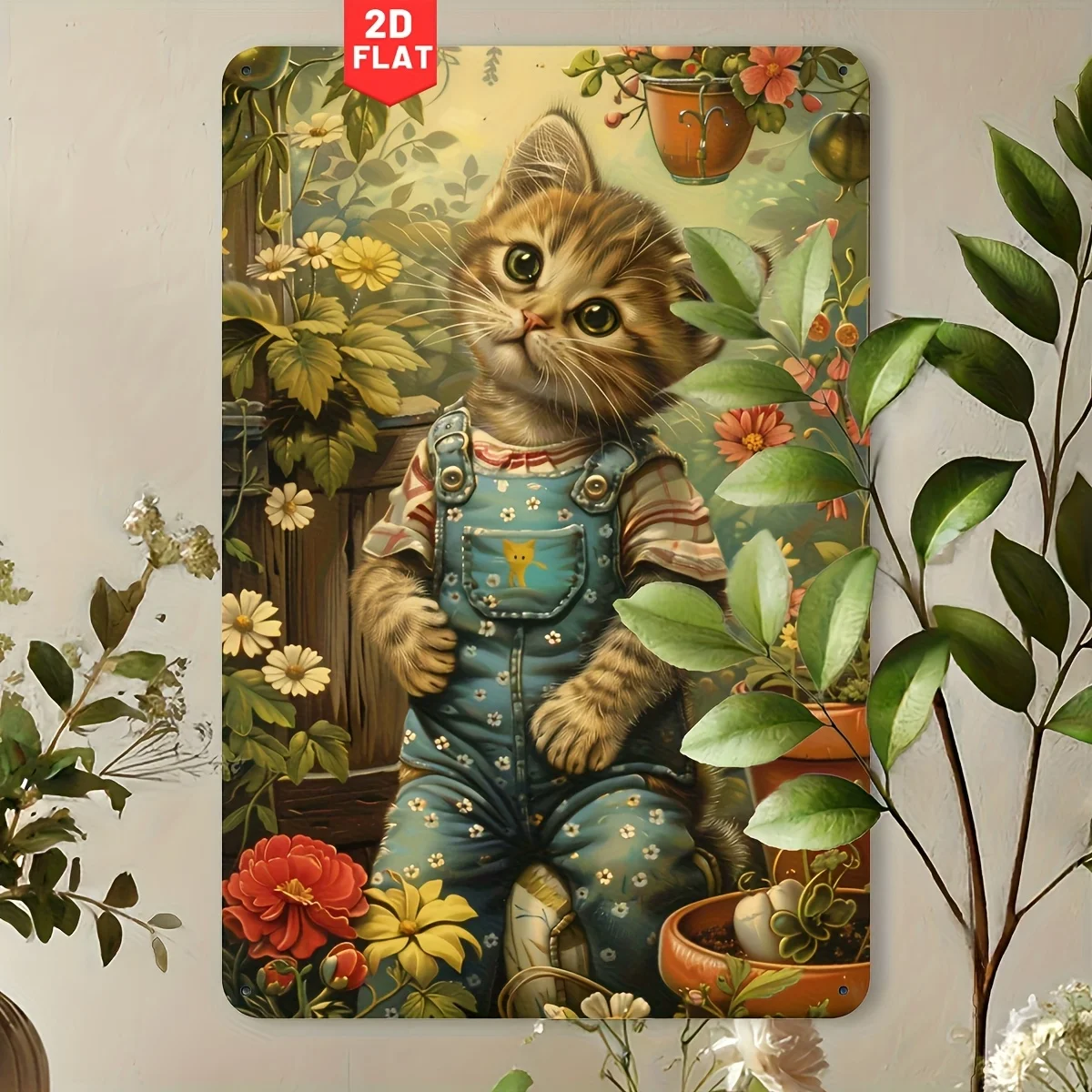 2D Flat Creative Gardening Little Cat Retro Metal Tin Sign, Suitable for Gym, Bar, Café, Garage Iron Painting, Restaurant Home F