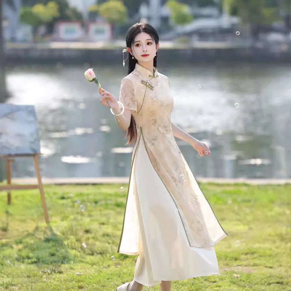 

Retro Chinese Style Cheongsam Elegant Plain Dress for Young Girls Summer Ankle Length Qipao Daily Wear Dress CH-132