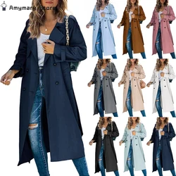 Women's Windbreaker Coat Fashion Long Pocket Lapel Button Windbreaker British Style Over The Knee Long Coat Office Commuter Wear