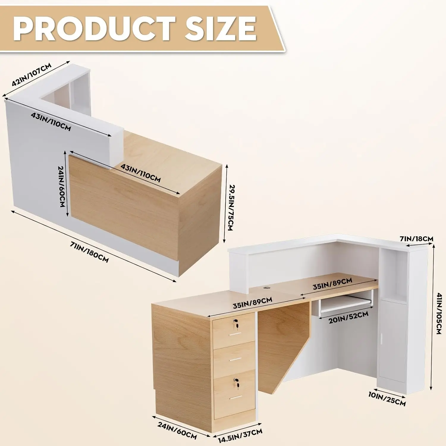 Reception Desk with Lockable Drawers, L-Shaped Large Wooden Modern Front Desk Reception Counter with Storage & Keyboard Tray, fo view 2