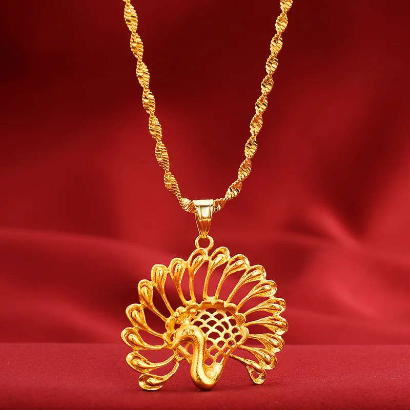 

Noble AU999 gold necklace 24k pure gold peacock pendant wedding real gold clavicle necklace jewelry for wife gift