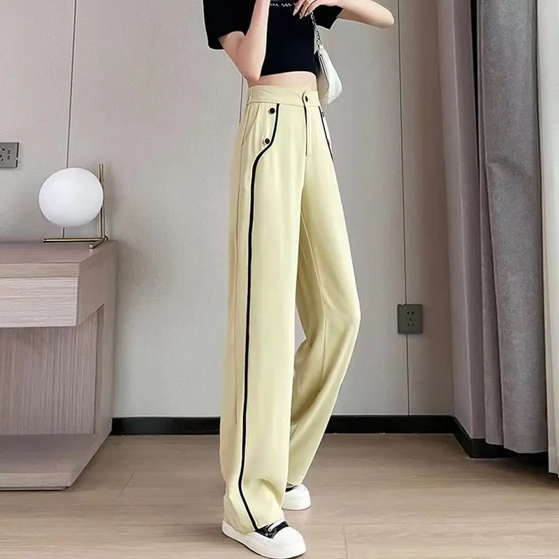 Pantalones de seda de hielo para mujer, pantalón de pierna ancha, traje de cintura alta, fino, holgado, adelgazante, talla grande, informal, novedad de 2023