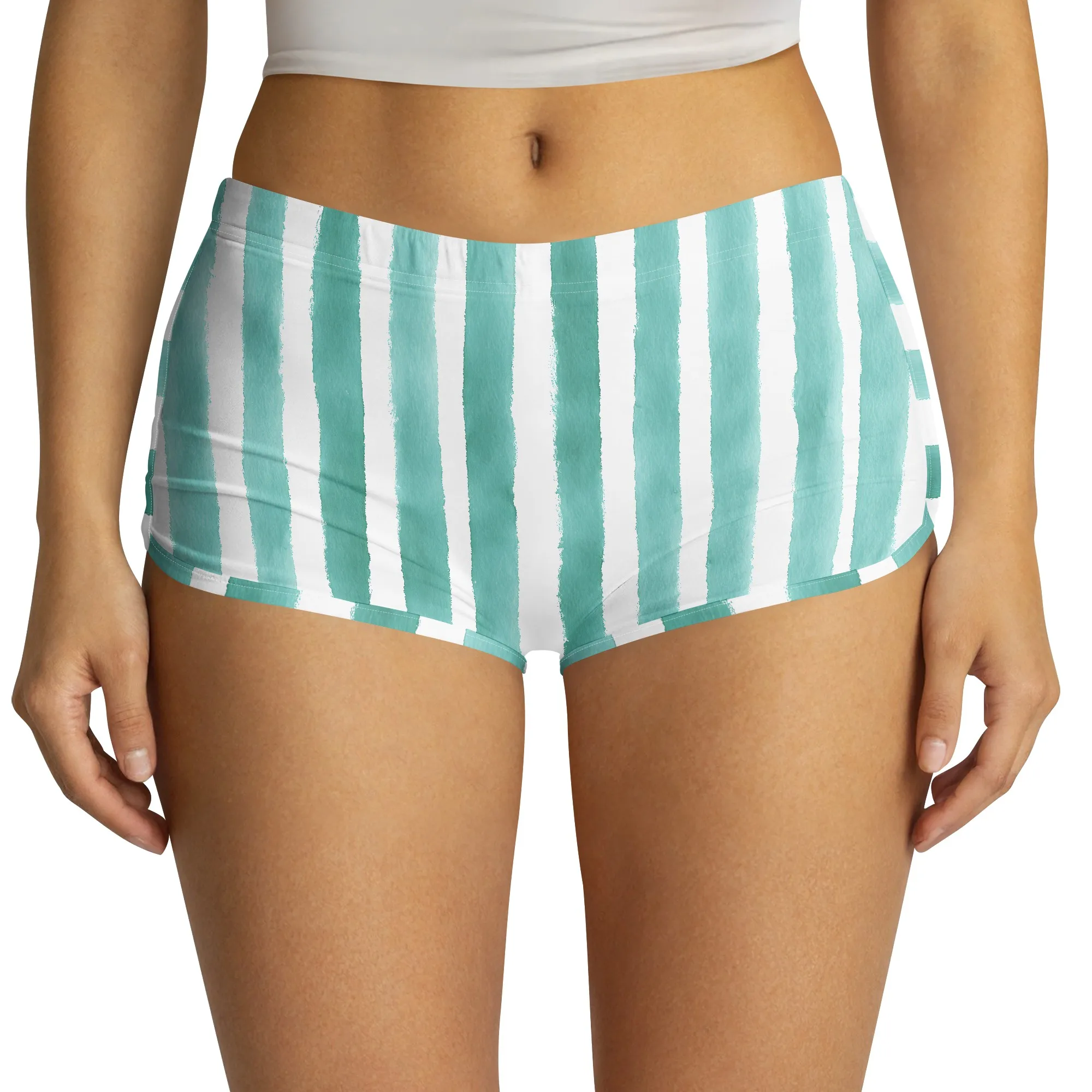 Striped Shorts, Mint Green Print Bottoms, Watercolor Pattern Trunks, Summer Beachwear, S-2XL
