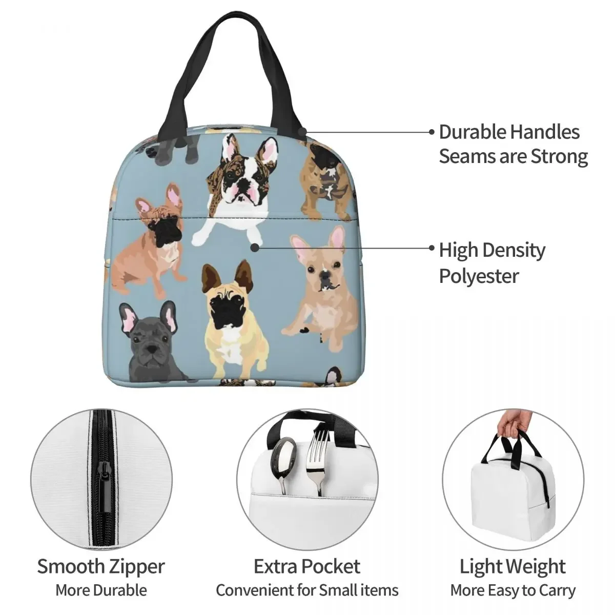 French Bulldogs Lunch Bags para mulheres e crianças, impermeável, refrigerador de lona isolado, amor, cachorro, animal, comida térmica, lancheira de piquenique