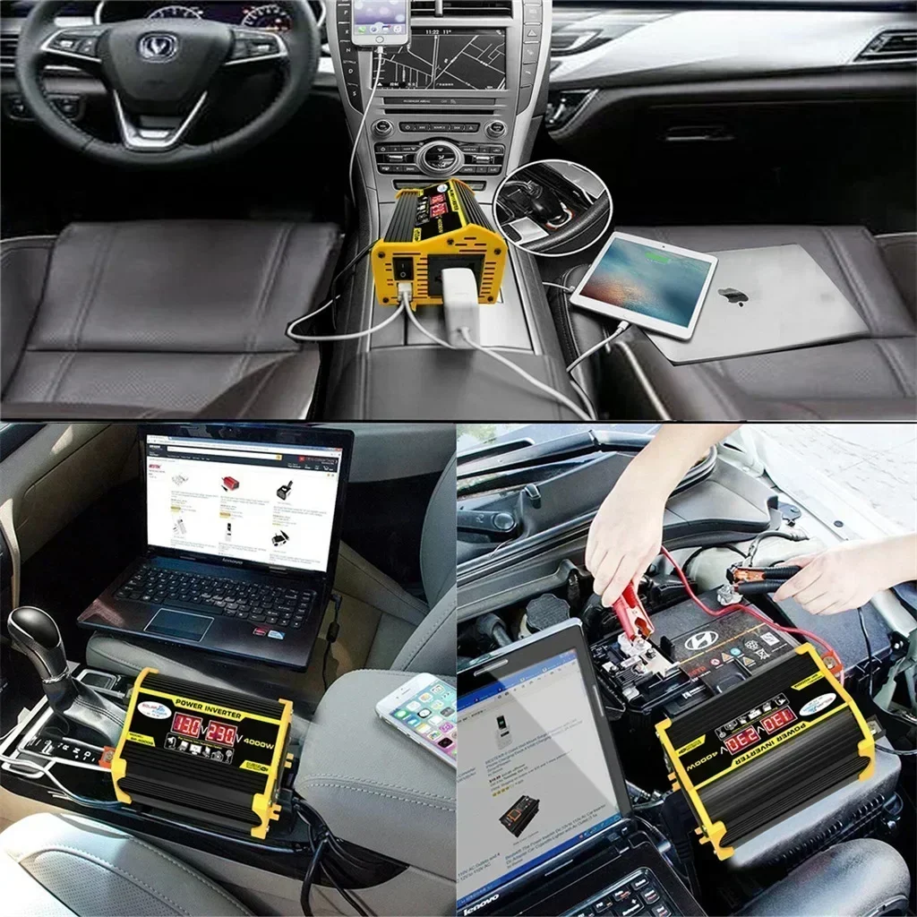NEW 4000W Peak Car Power Inverter, DC 12V to AC 110/220V Voltage Display Converter with Dual USB