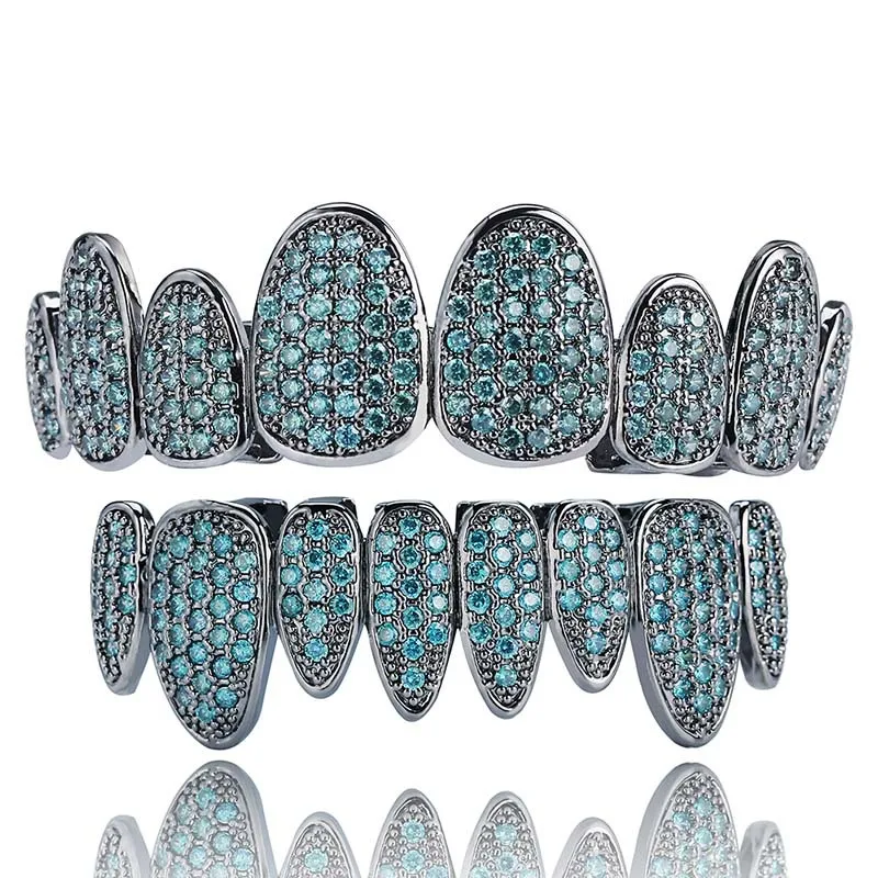 Blue CZ Iced Out Grillz Teeth Jewelry Hip Hop Mouth Grillz Bling Style Color Stone Streetwear Fashion Wholesale Dropshipping