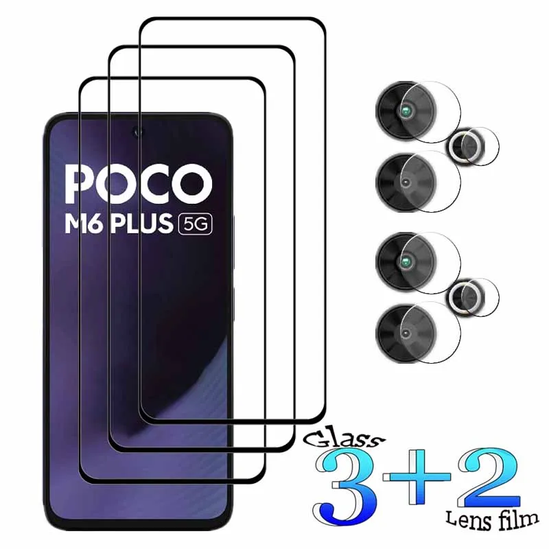 

3+2 For Xiaomi POCO M6 Plus 5G Tempered Glass Shockproof 9H Clearly Anti-Scratch Front Protector +Soft Camera lens film