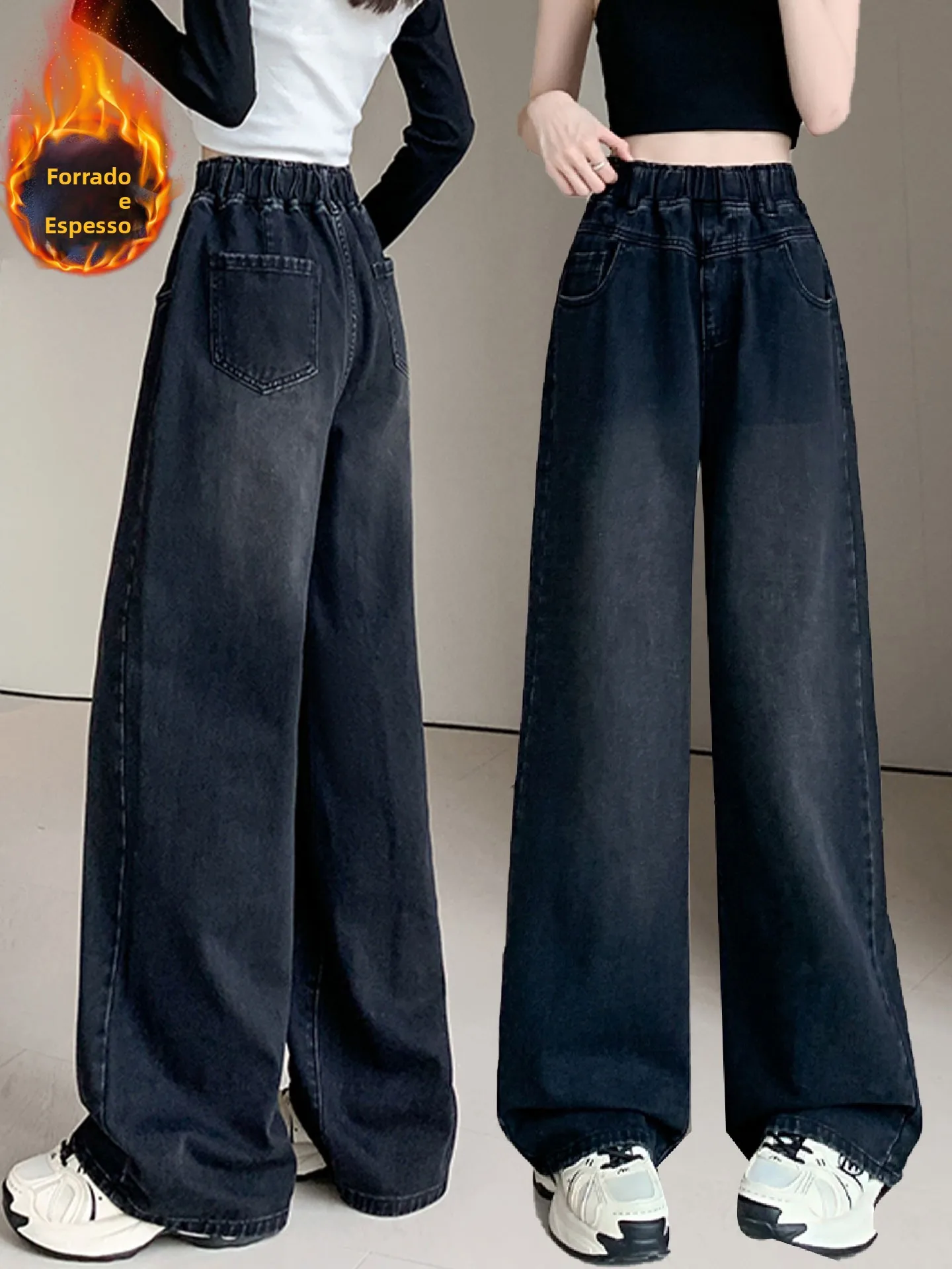 

plus Size Women's Thickened Fleece Denim Jeans High Waist Straight Leg Pants Winter plus Size Slimming Wide Hip Covering Jeans