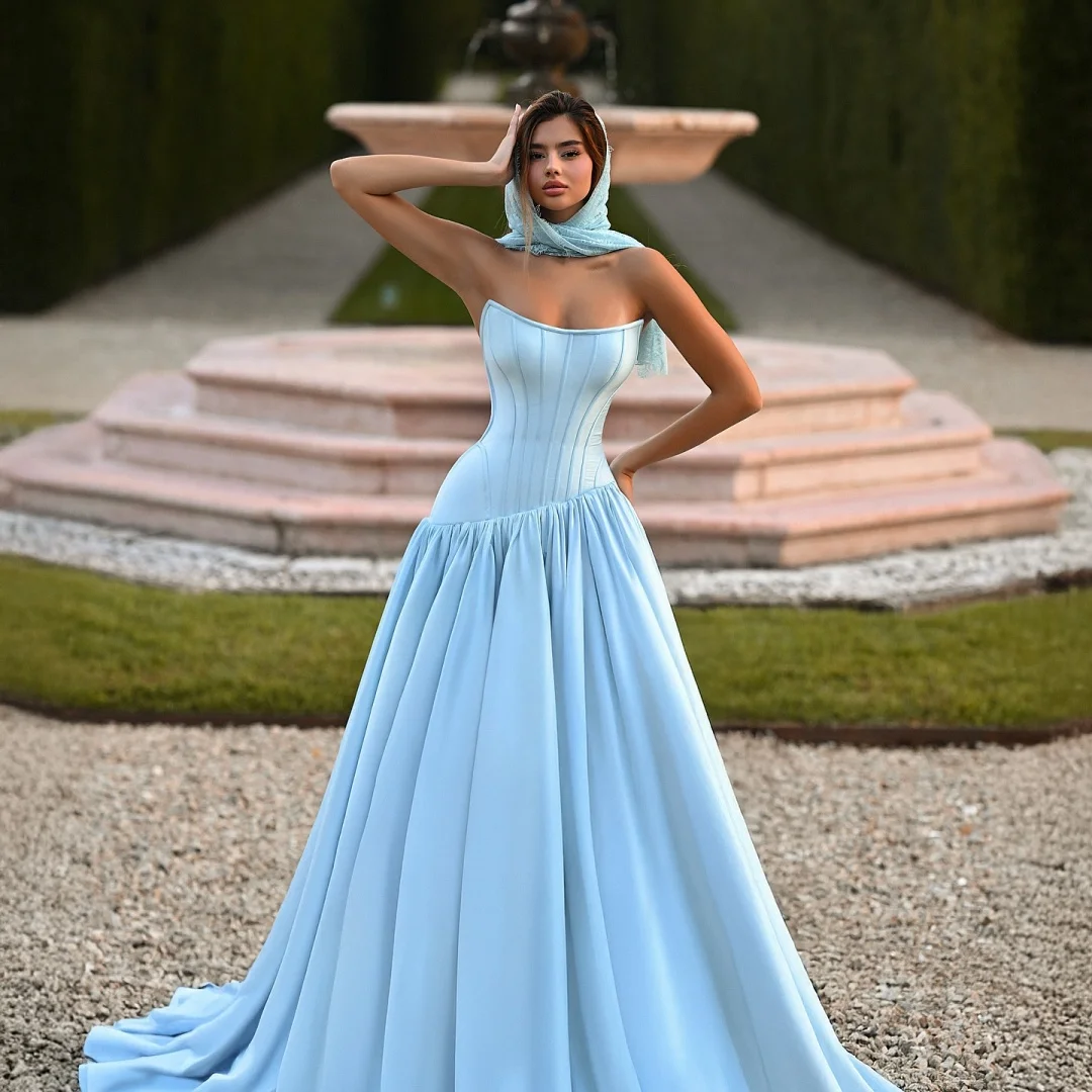 Amanda Aangepaste Blauwe Tulband Strapless Backless Mouwloze Galajurk Satijn vestidos de noche Vloerlengte Formele Avond 2025