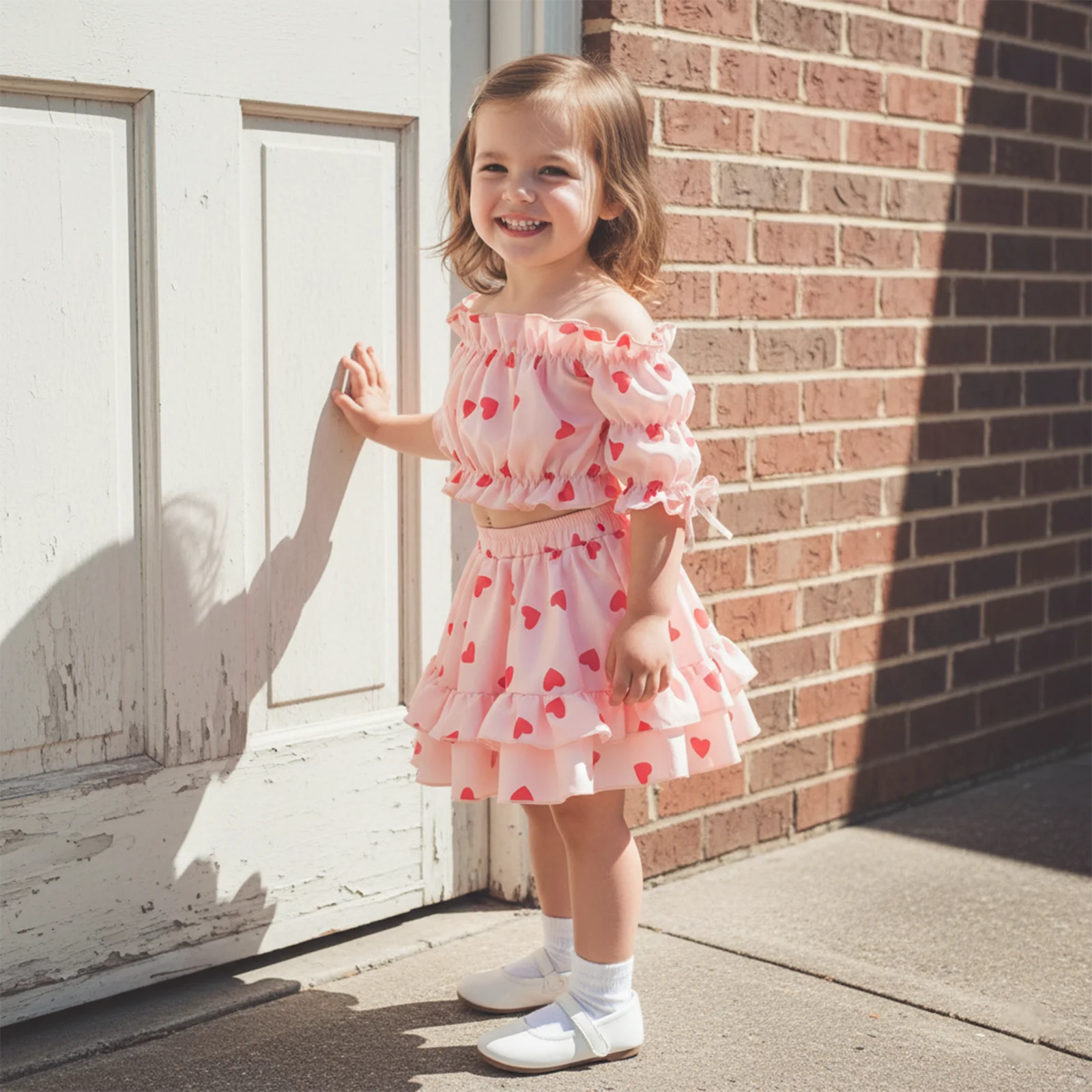 1-5Y Toddler Baby Girl Outfits Love Heart Print Ruffled Trim Off the Shoulder Long Sleeve Tops A Line Ruffled Skirt 2 Pcs Set