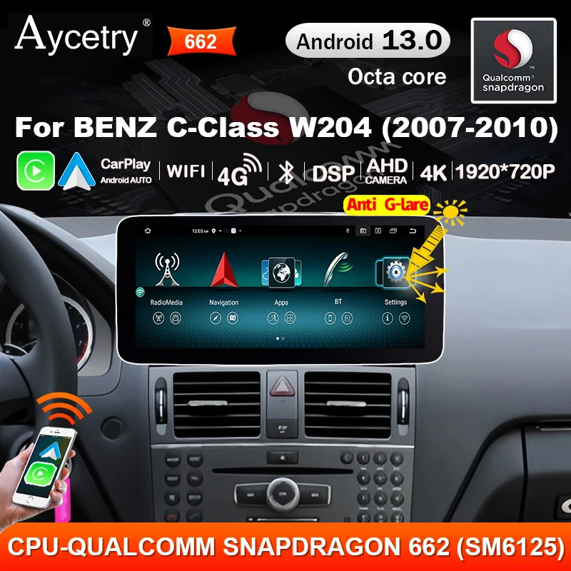 Android 13 Qualcomm Snapdragon Carplay For Mercedes Benz C Class W204 S204 2007-2010 2 din Car Radio Stereo autoradio Screen