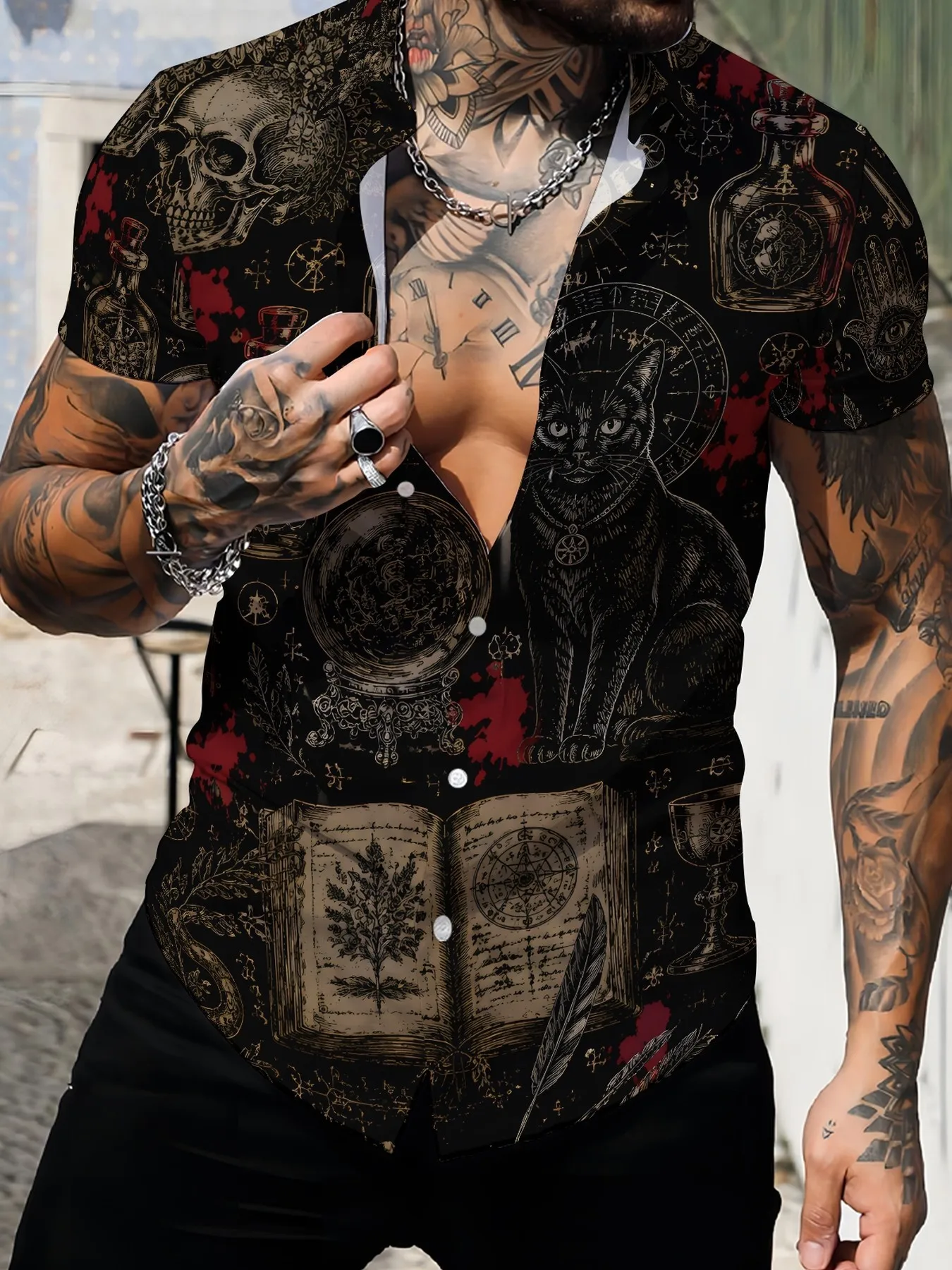 Dark Witchcraft Cat Bottle Ancient Book Pattern Unisex Short Sleeve Blouse Camp Collar Loose Spooky Novelty Vacation Shirt