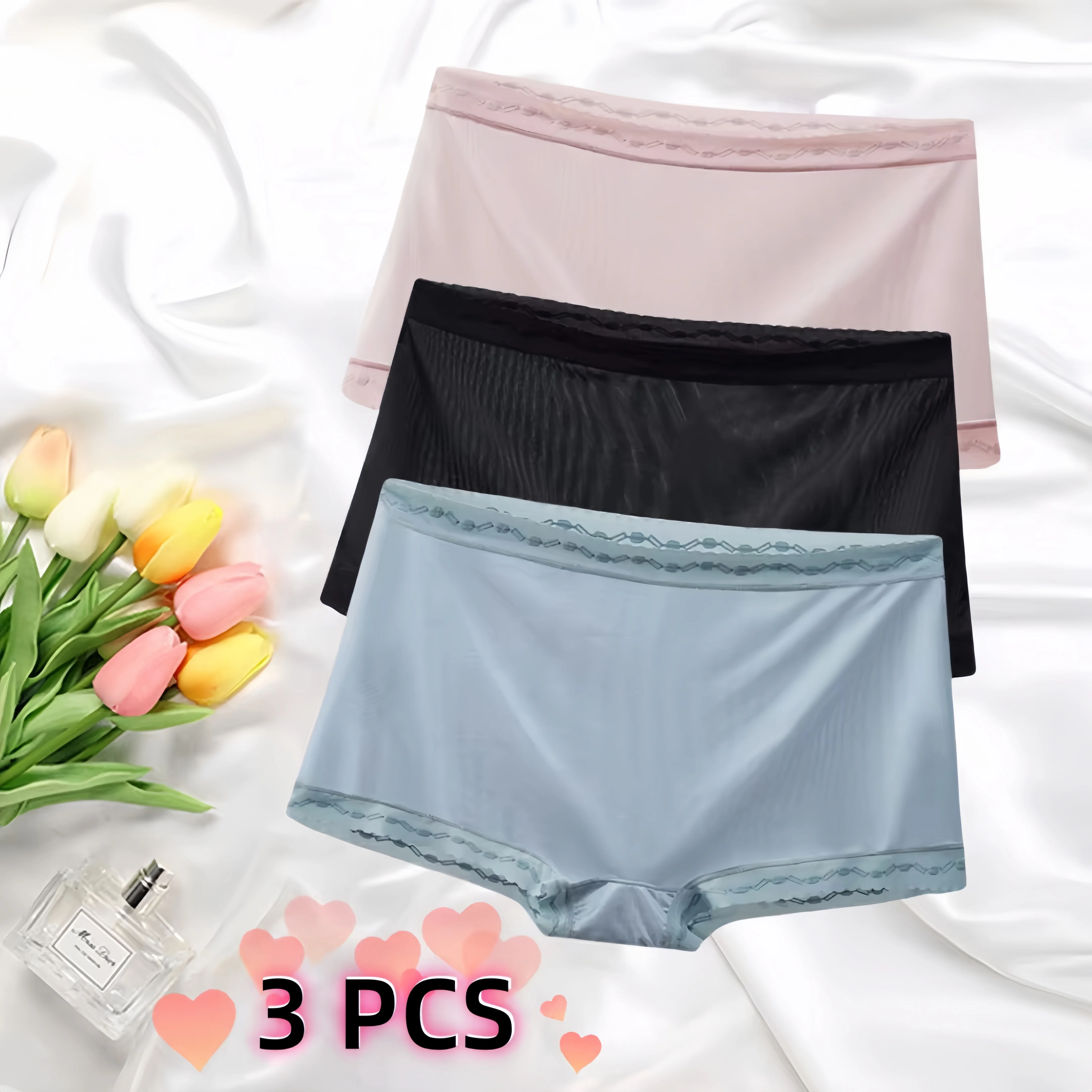 

3 PCS Women's Boxer Briefs Comfortable Cotton Mid-waist Women Summer High Elastic Non-marking Ice Silk Breathable