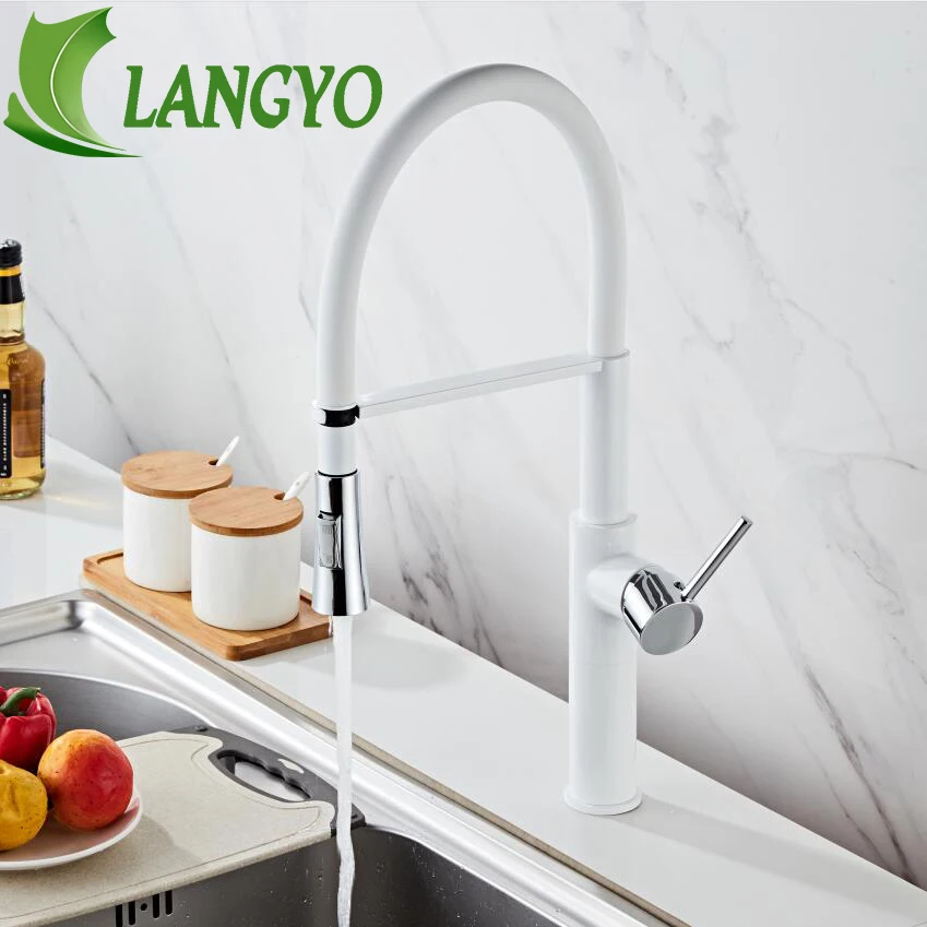 LANGYO White&Black Kitchen Vessel Sink Faucets Swivel Spout Pull Out Taps Solid Brass FaucetFor Sink Deck Mount