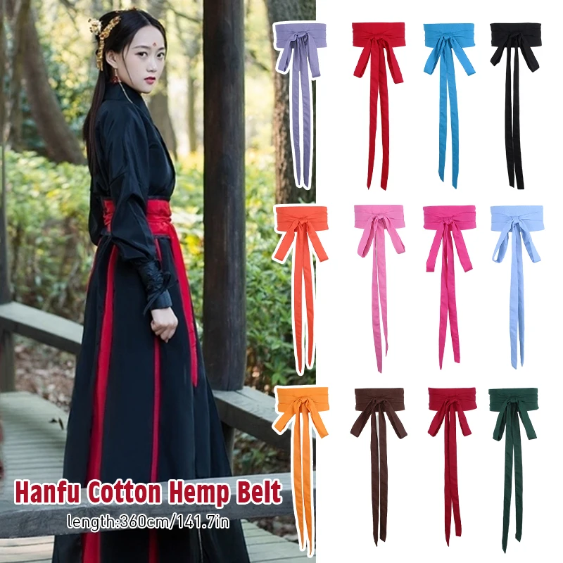 Cinto longo de algodão hanfu para mulheres, cós cosplay, acessórios cosplay, estilo antigo, linho, quimono, obi, decoração de vestidos 360cm