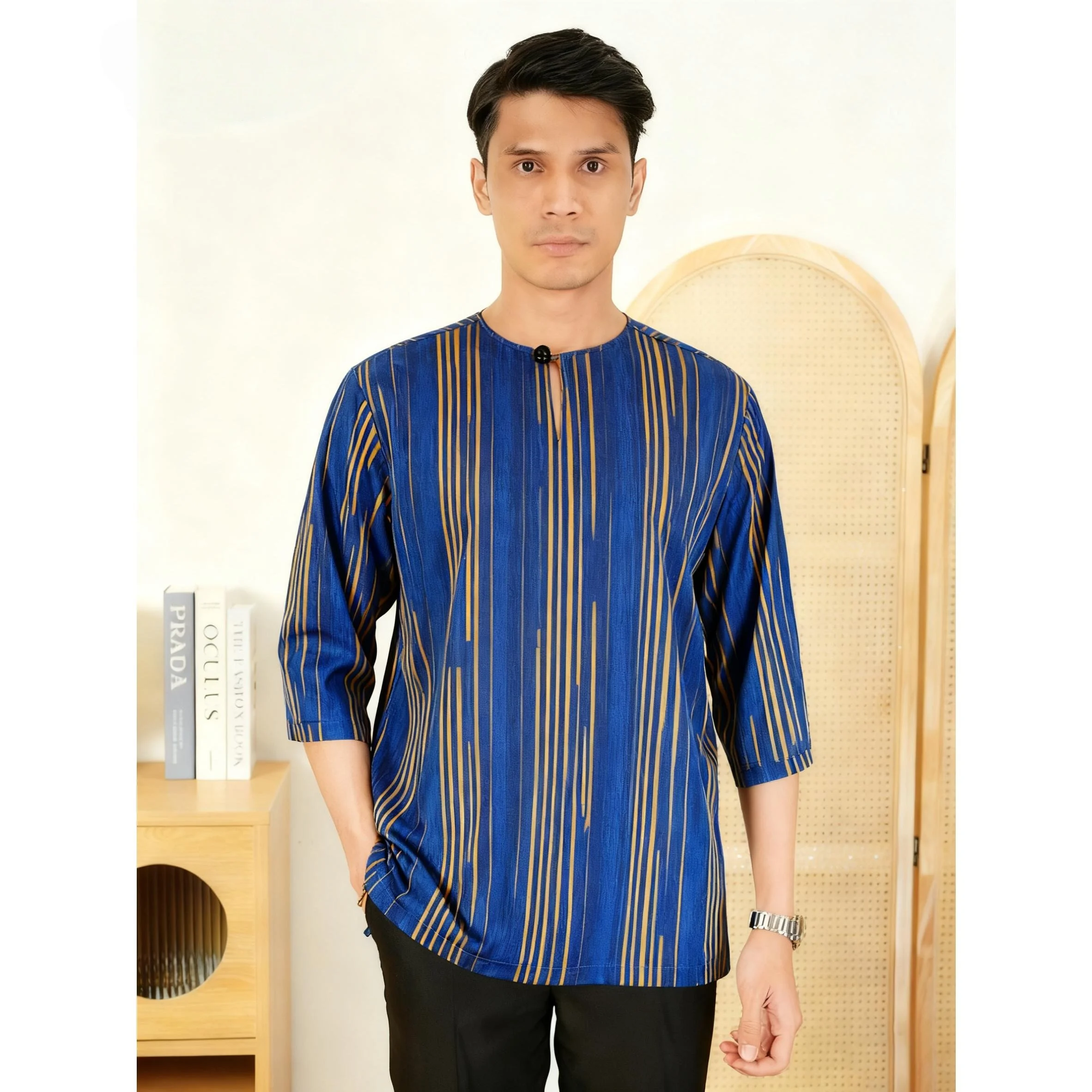 ملابس رجالية مسلمة الوقوف طوق الذهبي ثلاثية الأبعاد طباعة تي شيرتات قصيرة الاكمام العصرية ملابس كاجوال Ropa Arabe De Hombre الإسلامية #1