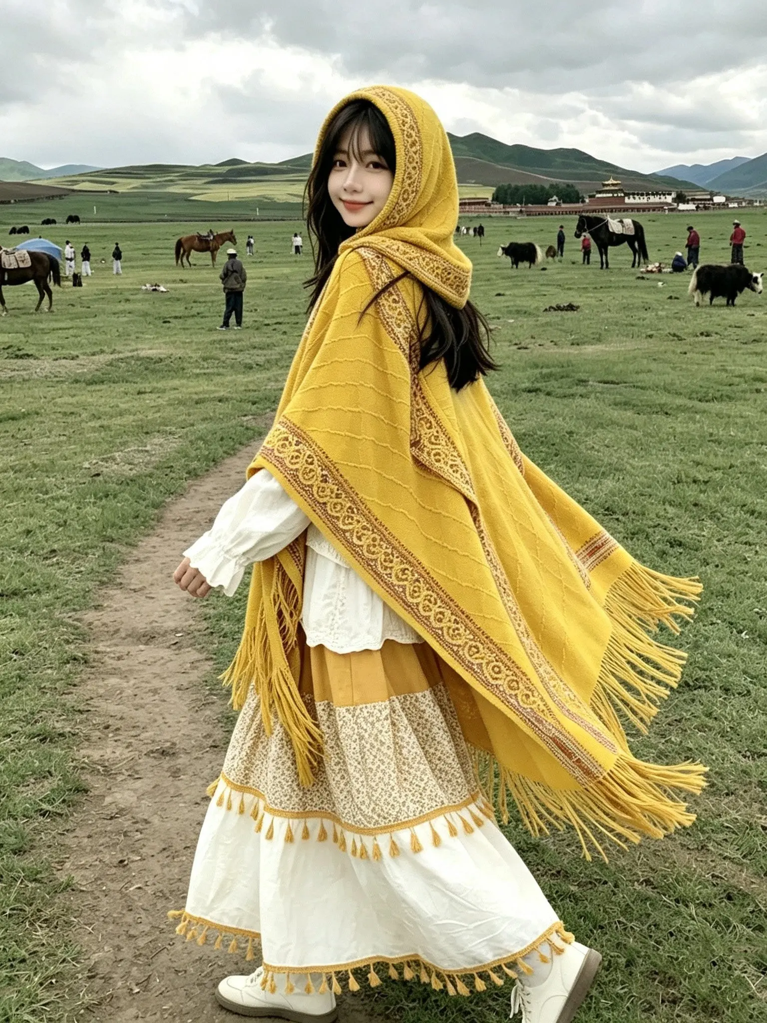 Autumn Bohemian Mongolian Poncho Winter Warm Ethnic Style Cardigan Tassel Shawl Striped Polyester Knitted Cape Coat Overlay D843