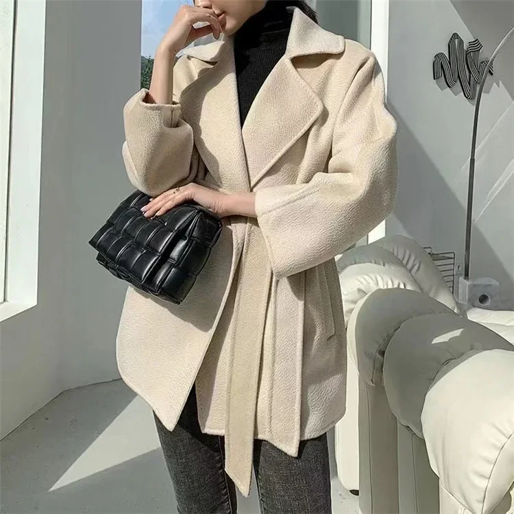 2022 autumn European and American new women's suit collar lace-up short double-sided cashmere jacket water ripple coat