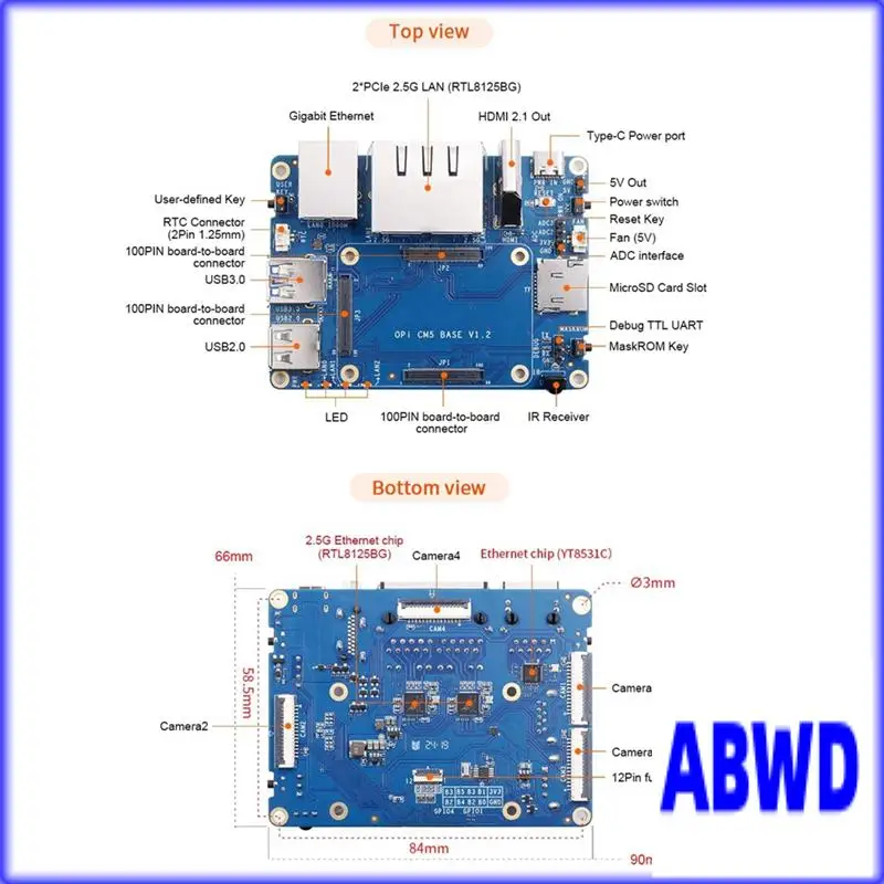 لوحة قاعدة WD-CM5 مع منافذ LAN 2X2.5G، ومنفذ 1Xgigabit LAN، وموصلات CM5 القياسية، ولوحة حامل CM5 لـ Orange Pi CM5