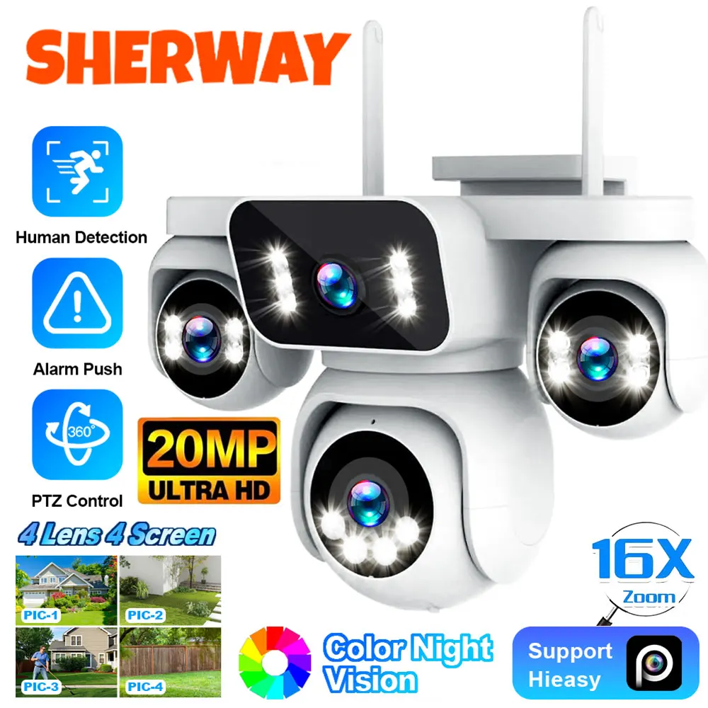 

20MP 10K Four Screens WiFi Security Camera Outdoor Four Lens 360° PTZ 16X Zoom Auto Tracking CCTV Wireless Surveillance IP Cam