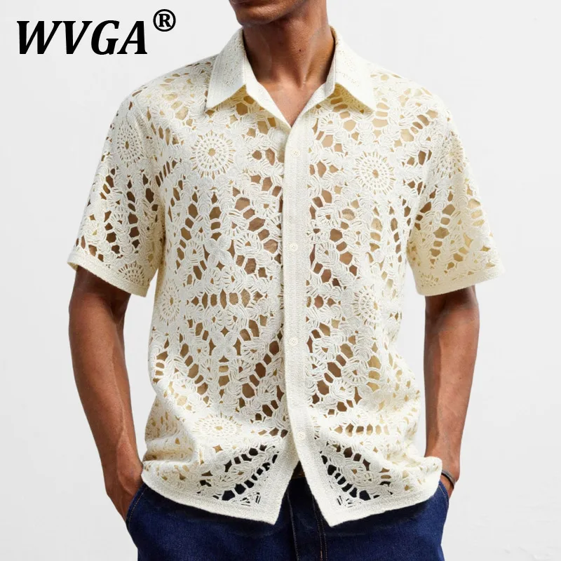 

WVGA Summer New Man Tide High Street Knit Tops Mesh Hollow Out Trendy Design Niche Chic Casual Short Sleeved Shirts Ins W11675