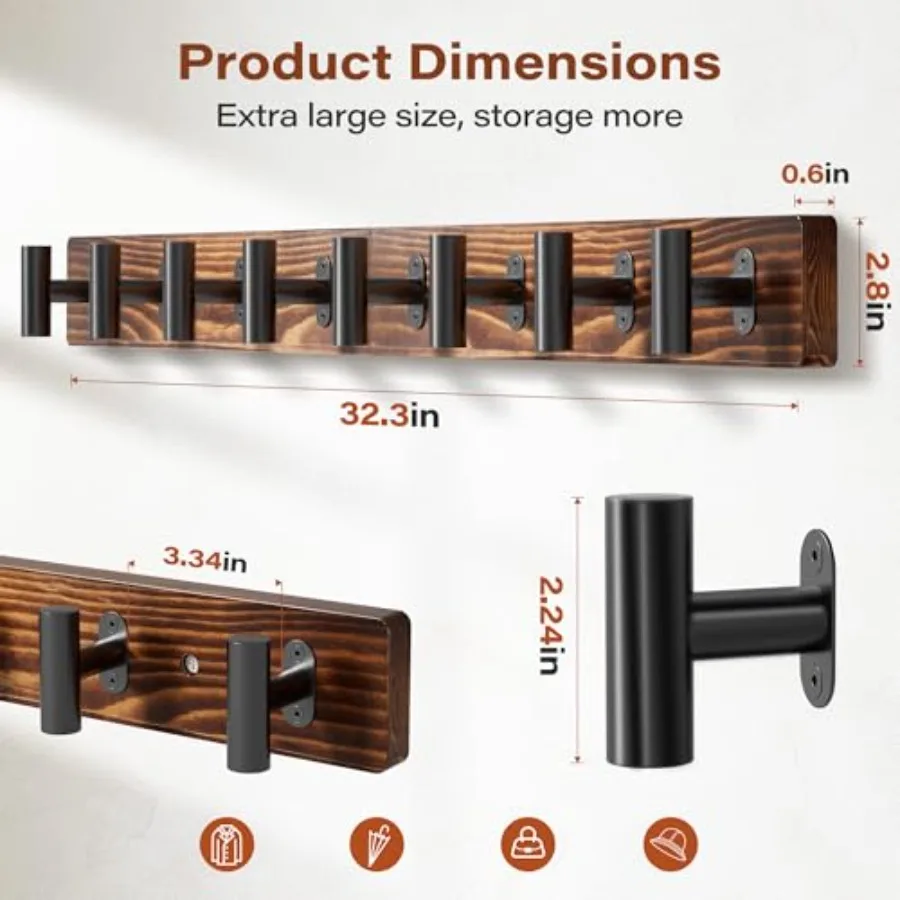Настенная вешалка для одежды 32,3 в деревенском стиле с 8 черными металлическими сверхпрочными Т-образными крючками для прихожей, гостиной, ванной комнаты, прочный P