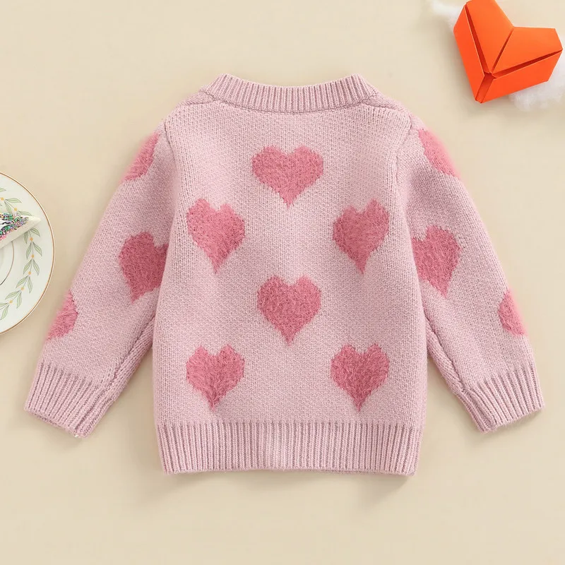 Baby Girl Sweater Fall Winter Clothes Heart Print Long Sleeve Button Closure Knit Korean Cardigan Baby Tops Outerwear Clothing