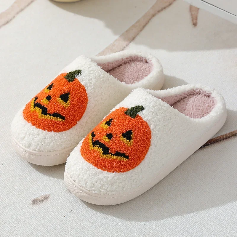 Zimowe nowe Unisex dyniowe Halloween kapcie damskie męskie flanelowe kapcie ciepłe pluszowy przytulny antypoślizgowe wewnętrzne puszyste kapcie